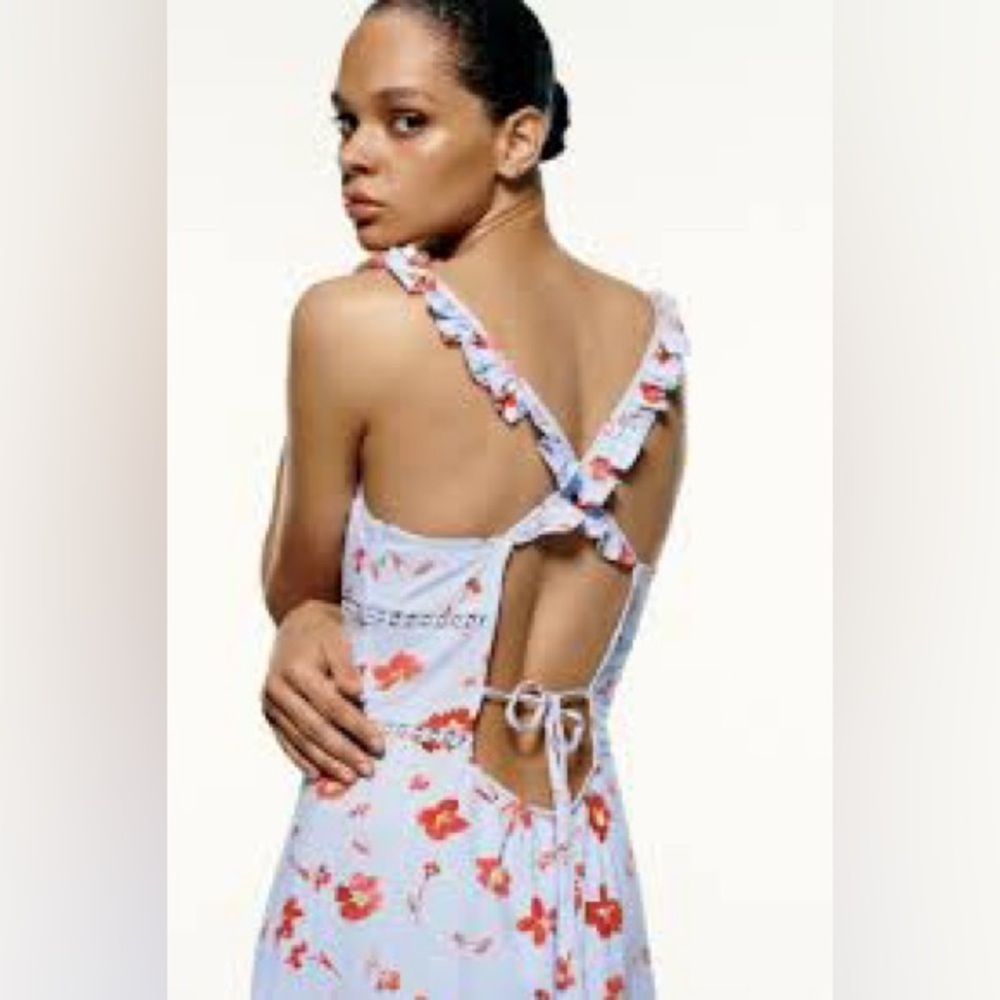 ZARA LINEN BLEND CROSS BACK FLORAL PRINT MIDI MAXI DRESS size small NWT